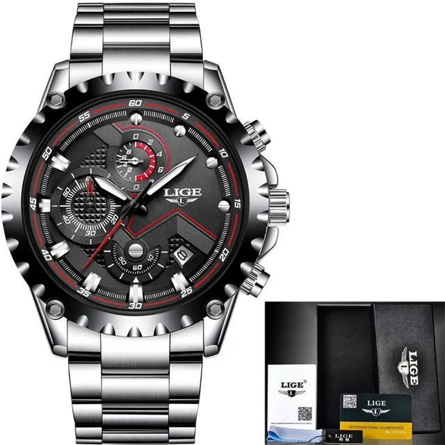 steel black LIGE Брендовые мужские модные часы мужские спортивные водонепроницаемые кварцевые часы мужские полностью стальные военные часы наручные часы Relogio Masculino - Цвет: steel black