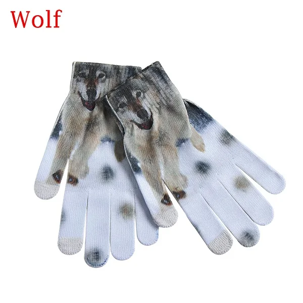 Wolf 1 пара, новинка, модные мужские и женские теплые перчатки, милый 3D принт, животные, фрукты, вязаные мягкие перчатки, зимние теплые шерстяные вязаные варежки - Цвет: Wolf