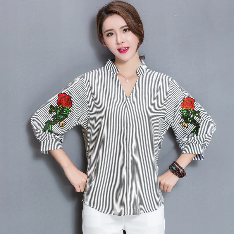 Модная женская рубашка в полоску с v образным вырезом цветочной вышивкой женские