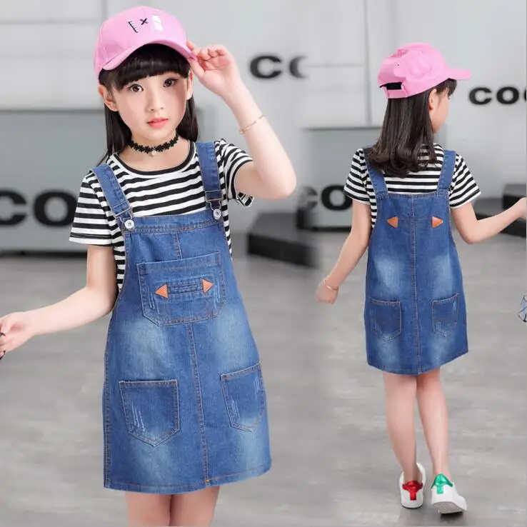 2017 новые комплекты одежды на весну и осень джинсовые юбки для девочек + футболка в