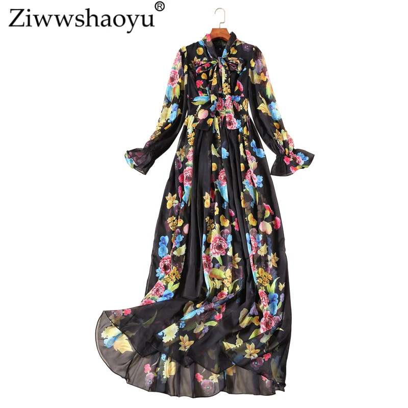 Ziwwshaoyu Europe and America 2018 autumn long dress Bohemian A-Line Print Bow Lantern Sleeve Big pendulum Long | Женская одежда