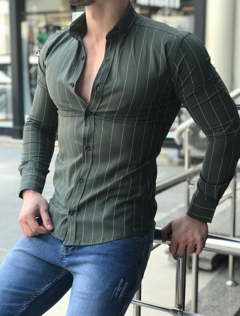 ZOGAA Men Shirts Europe Size New Arrivals Slim Fit Male Shirt Solid Long Sleeve British Style Men's stripe Large sizeS-3XL | Мужская