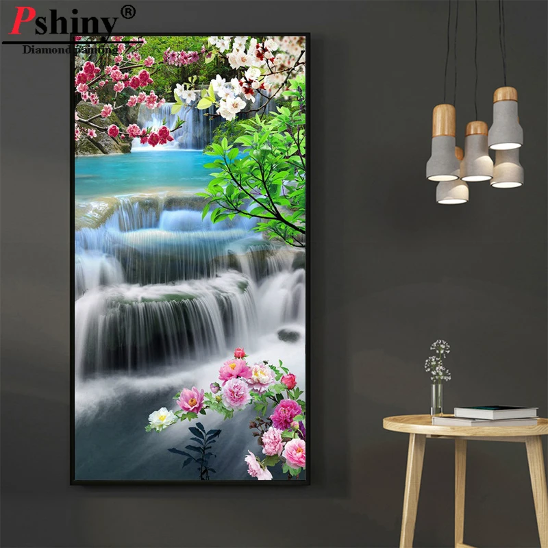 PSHINY 5d DIY Алмазная вышивка Цветы речной пейзаж мозаика полностью квадратные Стразы алмазная живопись вышивка крестиком F602