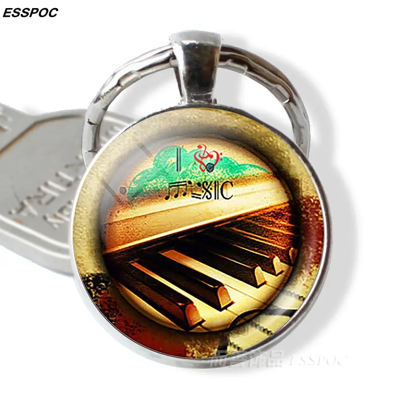 

Piano Keyboard Photo Pendant Key Chain Vintage Silver Color Keyring Fashion Musical Instruments Glass Pendant Jewelry Best Gifts