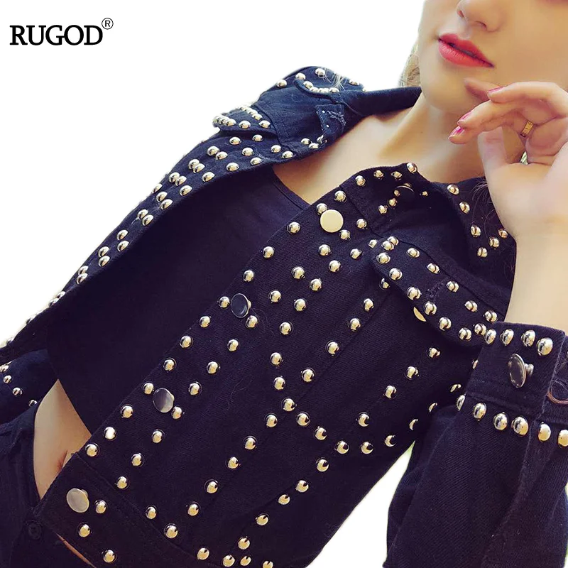 Женская джинсовая куртка RUGOD черная приталенная с отложным воротником и