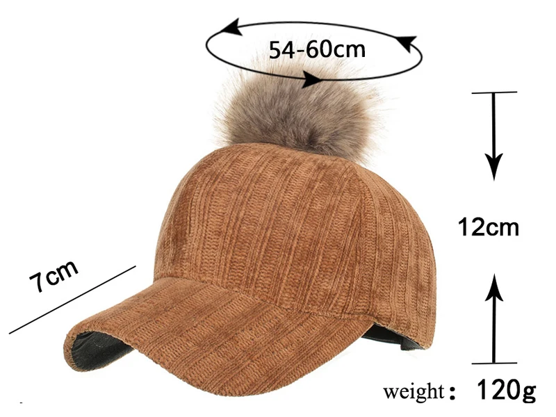 

F&U Corduroy Baseball Hat Soft Fur Pompom Ball Fixable On Hat Adjustable Size Fashion & Keep Warm In Winter For Woman And Man