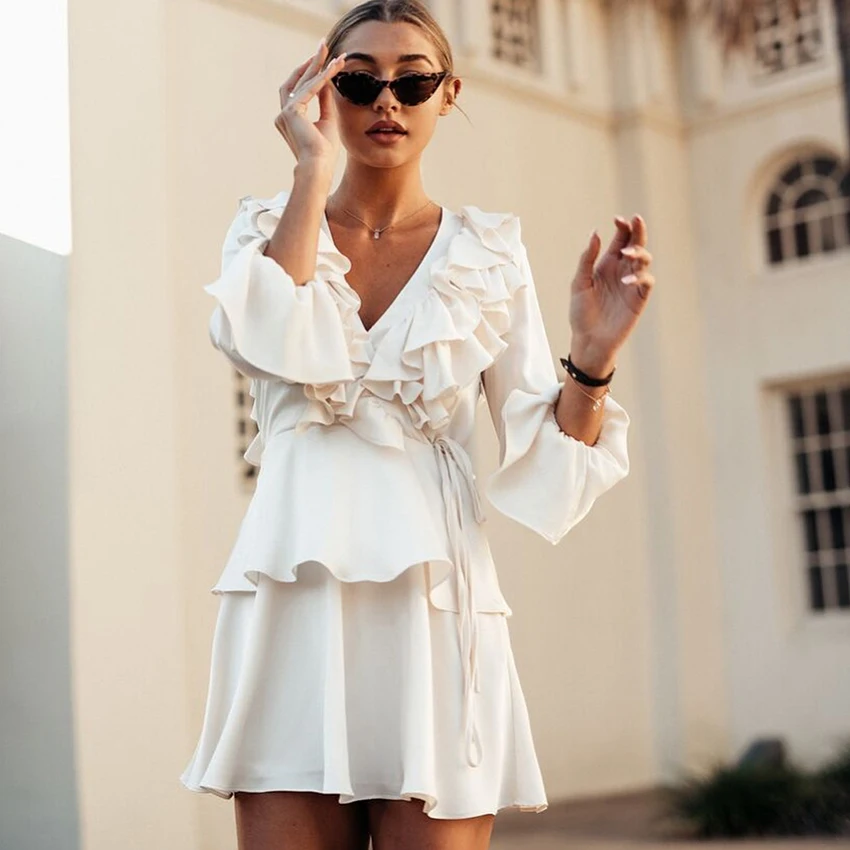 OOTN Белый Мини Короткое платье для женщин с длинным рукавом Осень Зима