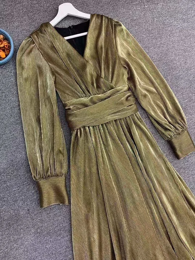 Top Quality New Autumn Winter Long Evening Vestidos Women V-Neck Lux Party Long Sleeve Maxi Dress Grey Champage Ladies
