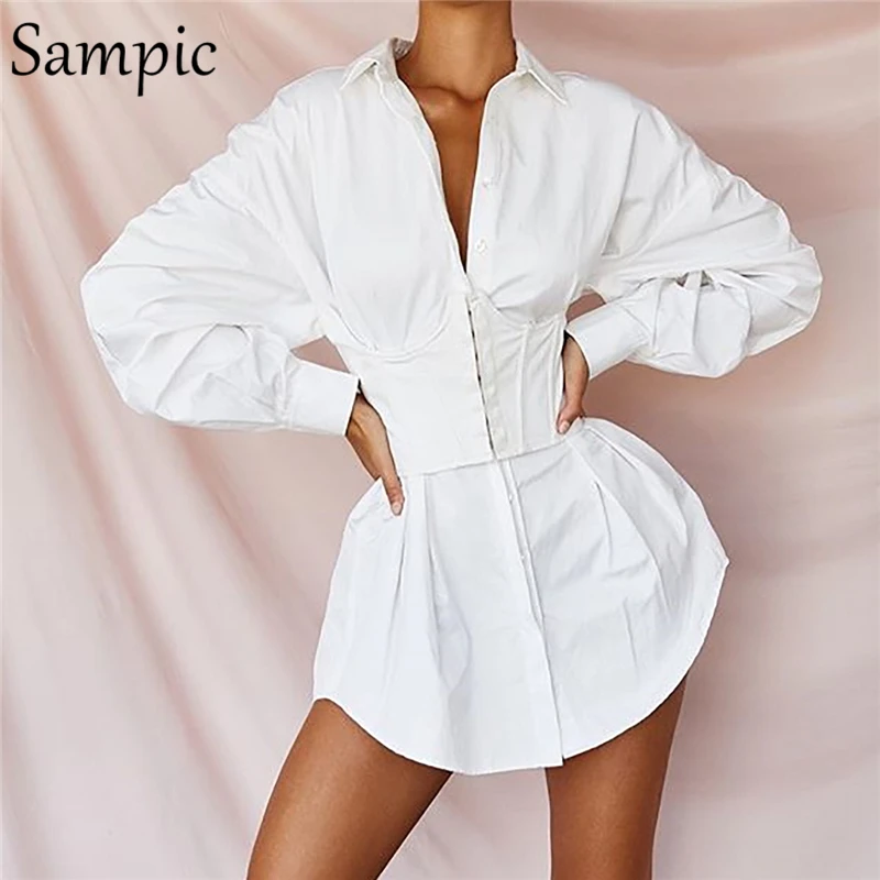 Женское Короткое платье на пуговицах Sampic хлопковое повседневное офисное мини с