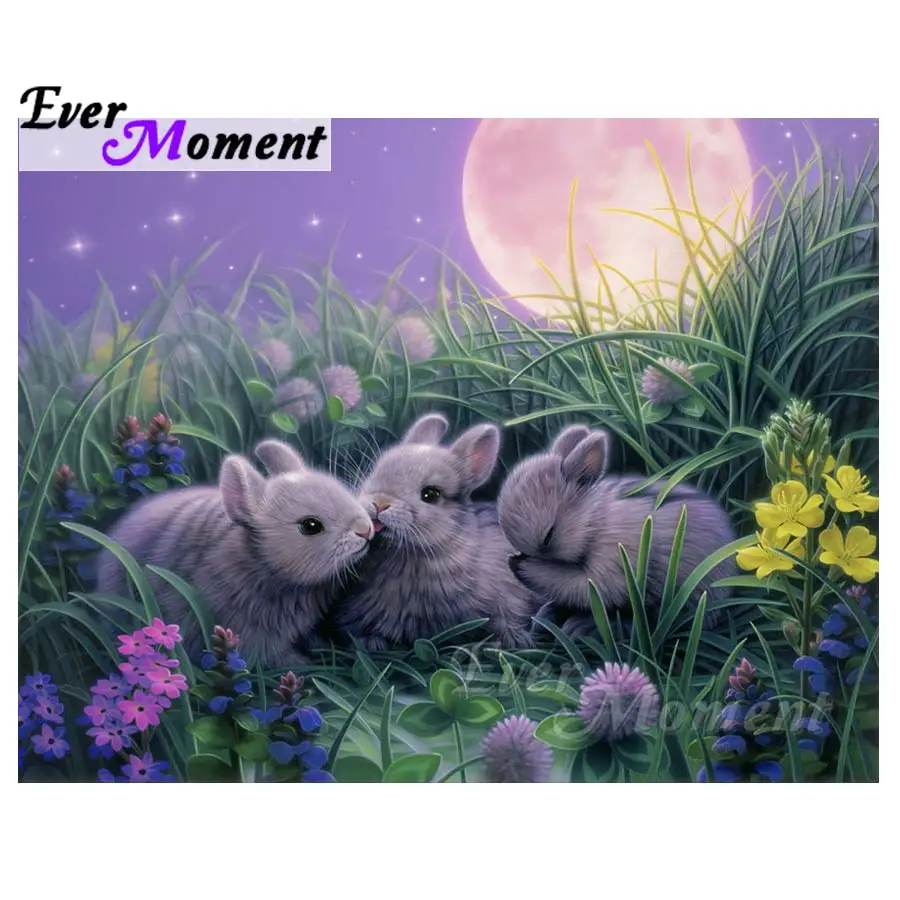 

Ever Moment Diamond Painting 5D DIY Rabbit Night Moon Flower Full Square Drill Diamond Embroidery Decoration For Home S2F733
