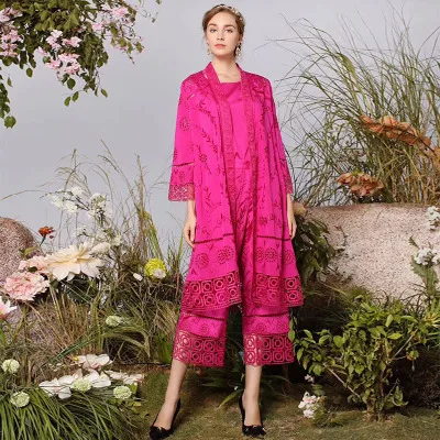 rose red top 1 pc Комплекты дизайнерской одежды высшего качества г. Весенний модный длинный кардиган, куртки+ штаны с вышивкой и капри, женский костюм - Цвет: rose red top 1 pc