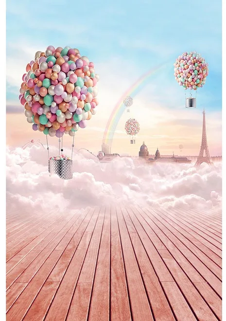 

Виниловый фон для студийной фотосъемки 5 х7 футов с изображением воздушного шара дома Эйфелевой башни радуги облаков неба сказочной сказки ...