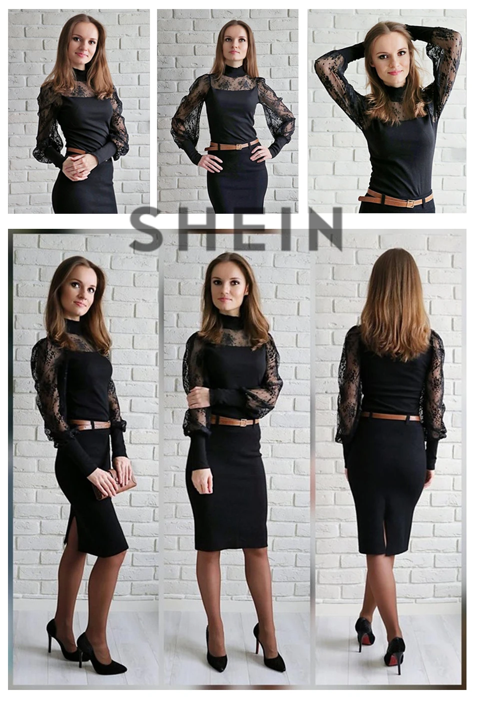 SHEIN Highstreet черная контрастная кружевная вставка ребристая трикотажная футболка со стоячим воротником Осенняя Повседневная Женская Современная Футболка Топ