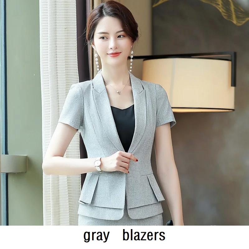 gray blazers Женские костюмы, тонкий летний костюм, короткий рукав, блейзеры, брюки, комплект из 2 предметов, OL, формальный, деловой, женский брючный костюм, женский комплект, костюмы - Цвет: gray blazers
