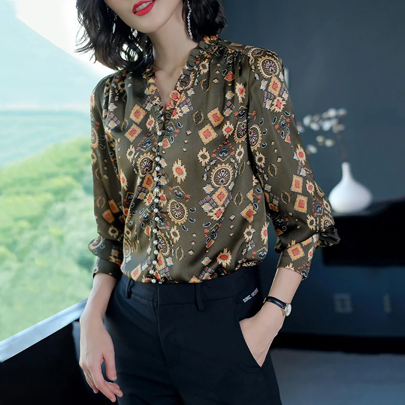 Chiffon printing Blouse 2019 Long Sleeve Women Blouses and Tops v-neck elegant Office Shirt Casual Blusas Chemise Femme |