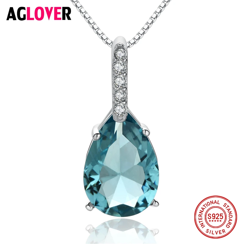 

AGLOVER Water Drop Necklaces & Pendants 925 Silver Necklace Women Chain Colar Blue Zircon Pendant Bijoux with Box