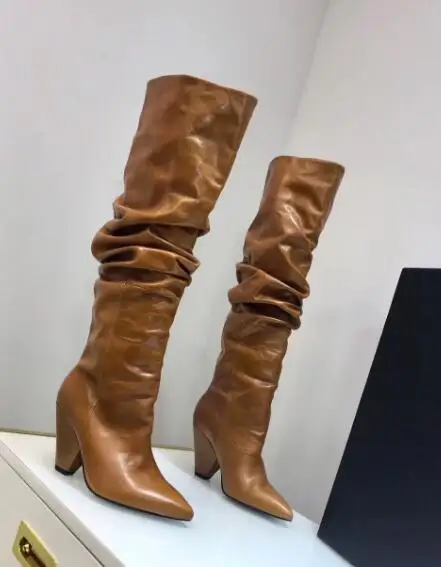 light brown BuonoScarpe Leather Knee High Boots Woman Pointed Toe Strange High Heel Shoes Women Chic Spike Heel Long Pleated Boots New - Цвет: light brown