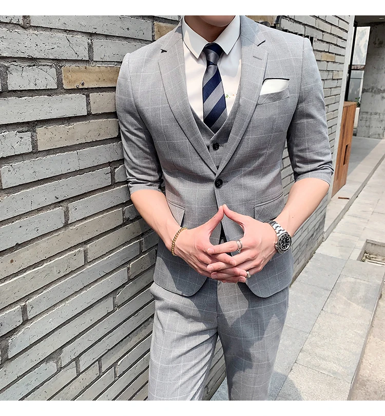 Plyesxale летние костюмы для мужчин Свадебный костюм для мужчин Slim Fit серый клетчатый формальный костюм костюмы, куртки, брюки жилет дропшиппинг Q309