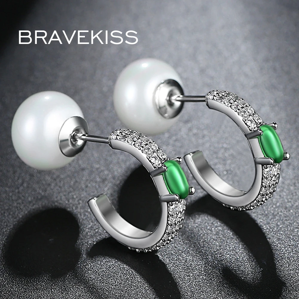 Женские серьги кольца BRAVEKISS с зелеными стразами кубическим цирконием подвески
