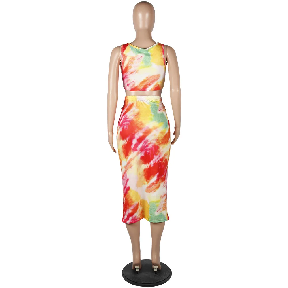 

Colorful Print O-Neck Crop Top Sexy Bodycon Skirt Bandage Fashion Dress Suits Matching Sets Women Two Piece Suits