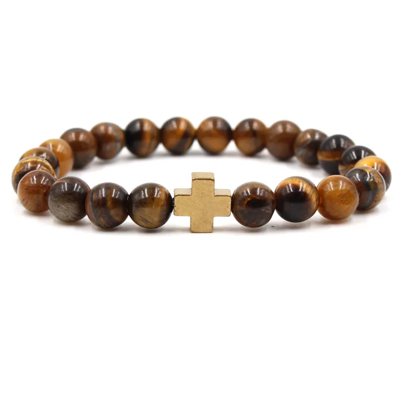 

HOBBORN Classic Cross Charm Chakra Men Bracelet Handmade Lava Tiger Eye Stone Maix Strand Women Religious Bracelets Jewelry Gift