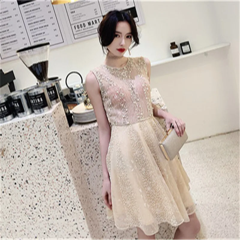 

2019 new noble temperament slim short gold ladies dress banquet sexy high-end summer short-sleeved dress W139