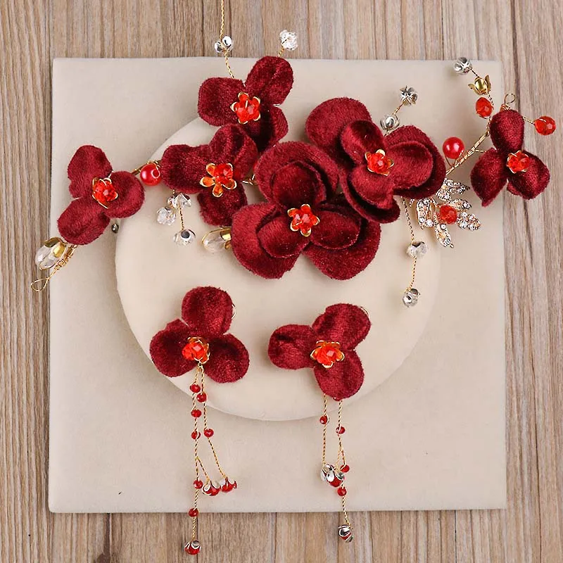 Ручной работы в китайском стиле Красный цвет с цветами роз и жемчугом ободок для