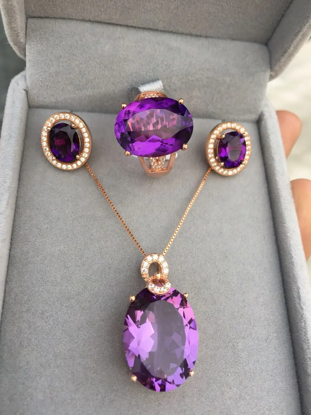 Аметист три набора Кольцо Кулон Серебро 925 инкрустированные 18k розовое золото