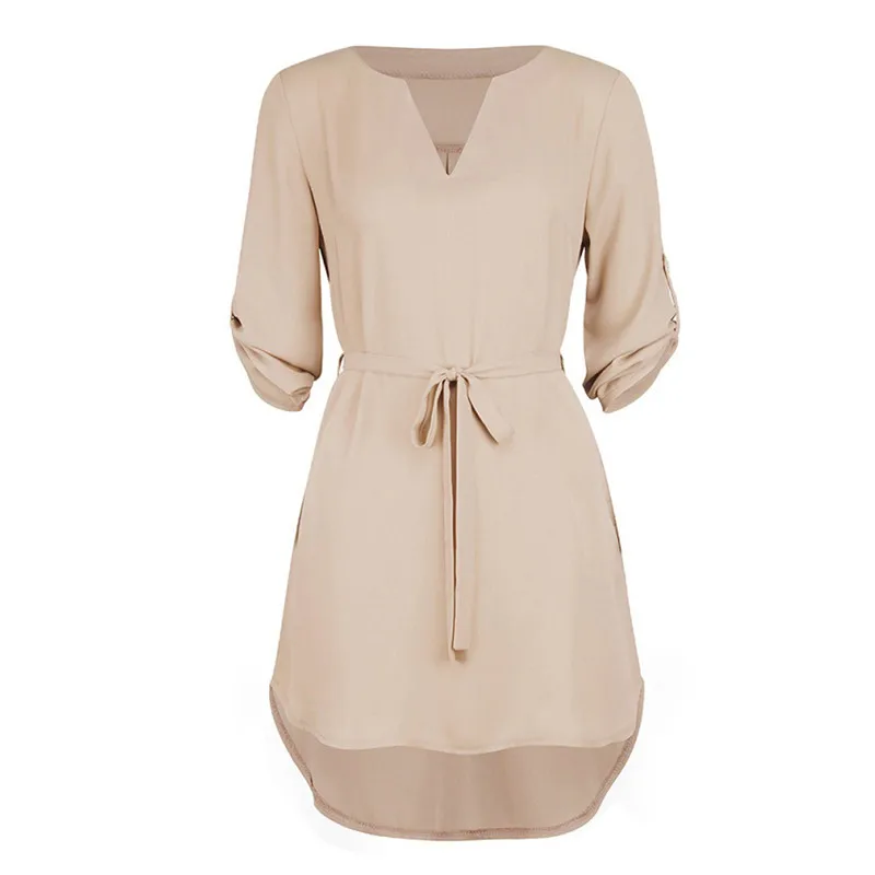 HEFLASHOR Summer v neck loose Chiffon Blouse casual solid beach dress for vacation Tunic Sundress dresses with Belt robe femme | Женская
