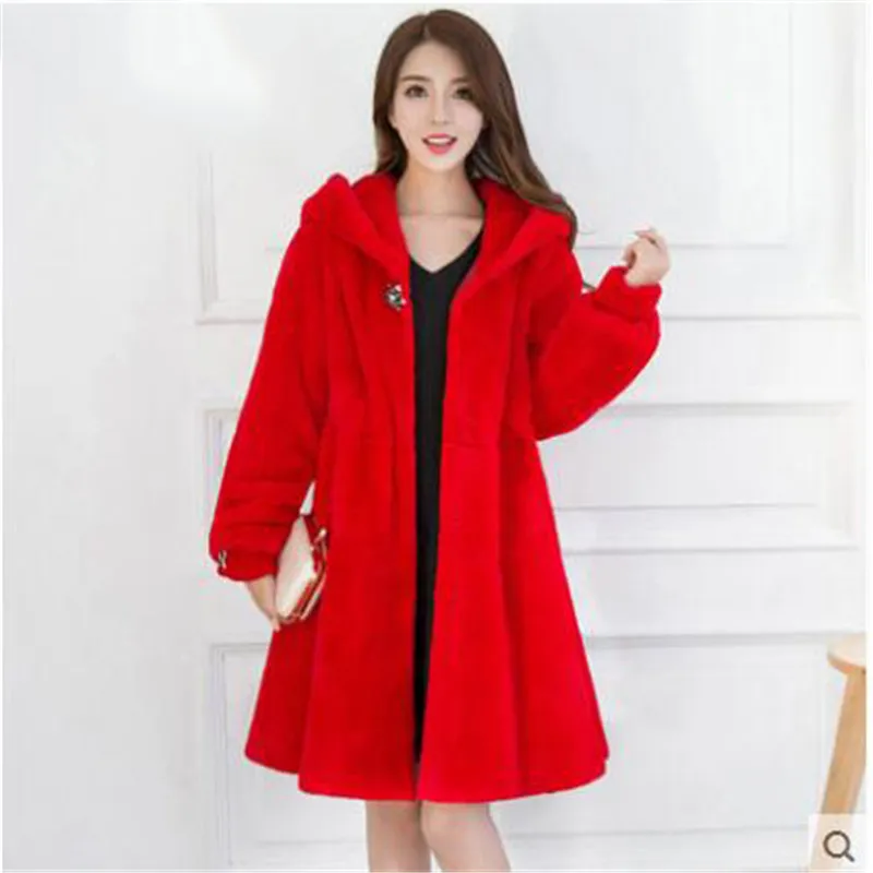 Женская меховая куртка зима 2020 новинка длинный рукав одноцветная с капюшоном