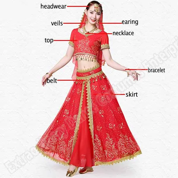 Red-8pcs Женский индийский набор костюма для танца живота танец сари наряд Болливуд сценическое представление шифон Топ пояс юбка для танца живота - Цвет: Red-8pcs