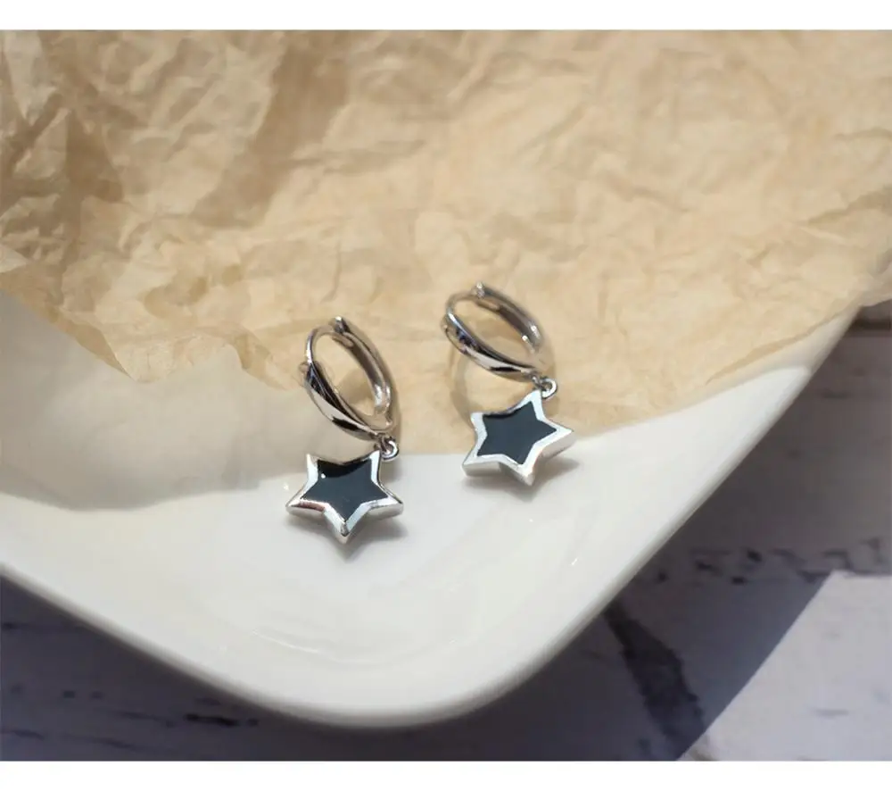 Серьги из стерлингового серебра 925 пробы, модные черные серьги с пятиконечной звездой, простые женские ювелирные украшения для ушей