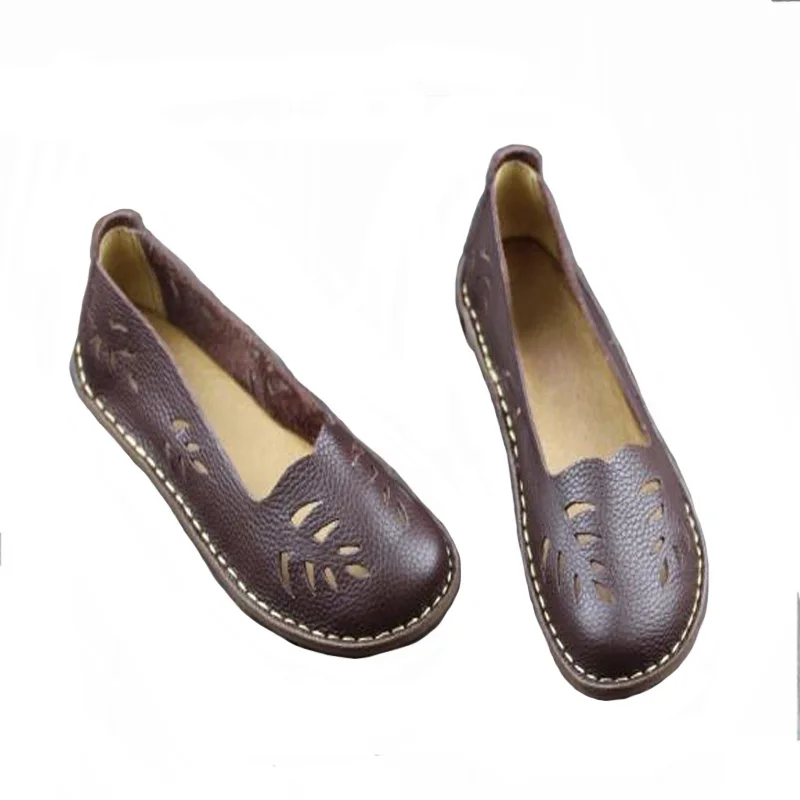 

YAERNI Women's Shoes Genuine Leather Slip on Ladies Flat Shoes Round to Hollow out Breathable Summer Shoes Female Footwear