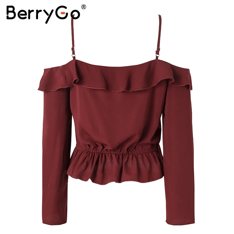 BerryGo/белая блузка с открытыми плечами и рюшами на бретельках женская