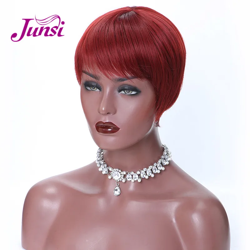 

JUNSI Hair Short Red Black Pixie Cut Synthetic Wigs for Women Natural Wigs