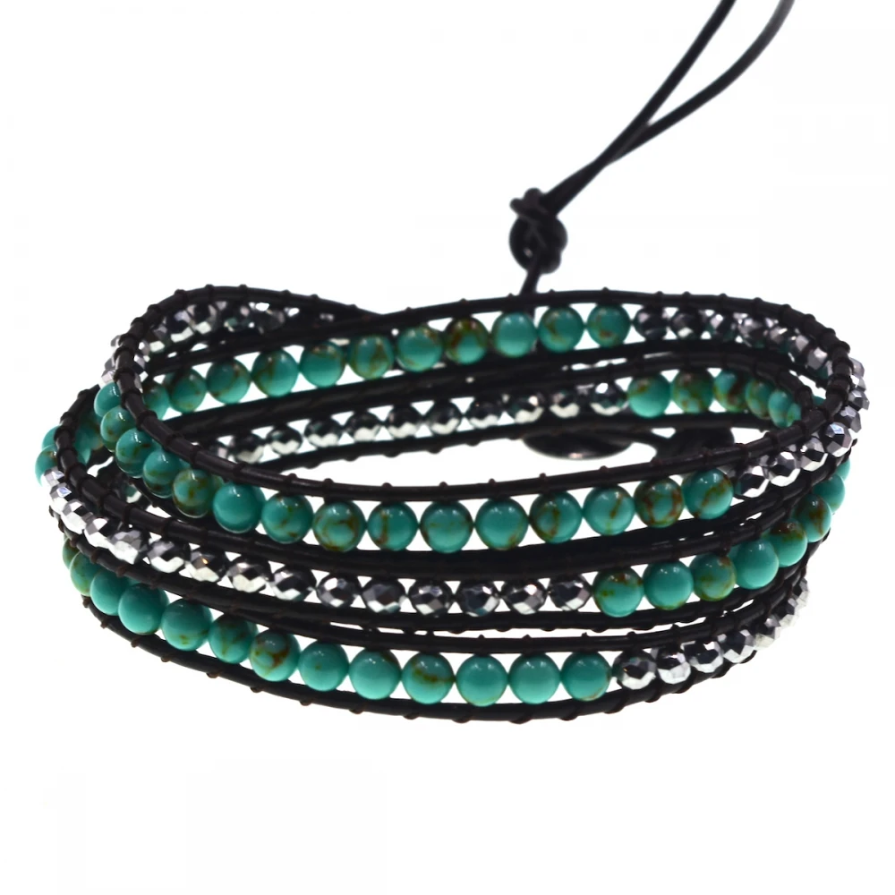 Кожаный браслет голубой бирюзовый Bead и серебро хрустальные бусины 3 round wrap |