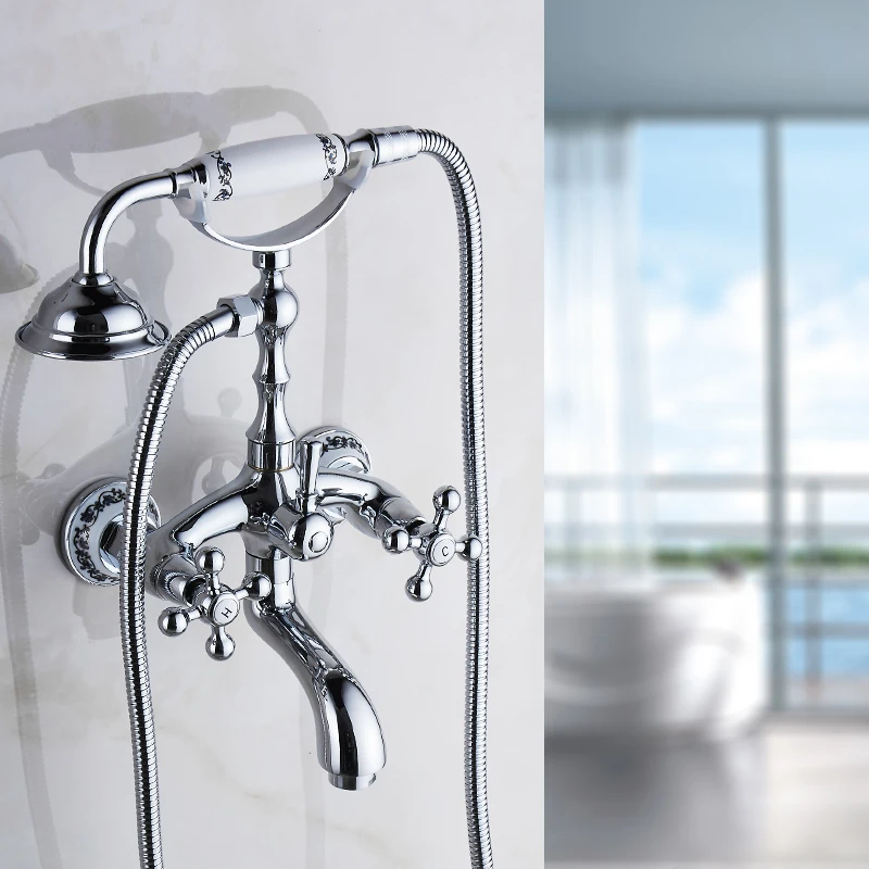 

Bathtub Faucets Brass Luxury Chrome Silver Shower Faucet Set Ceramic Handle Handheld Rain Shower Head Faucet Mixer Tap HS-G022