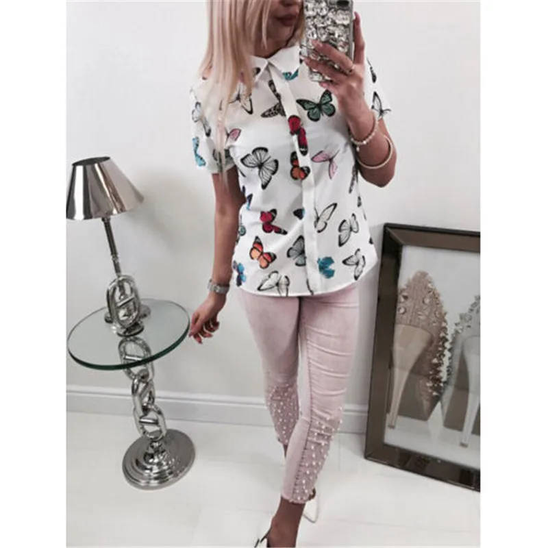 

Fashion Women Summer Chiffon Blouse New 2018 Ladies Short Sleeve Casual Shirt Loose Butterfly Printed Loose Tops Shirt Blouse