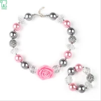 hot sale pink chunky beaded kids necklace bracelet set rose girls necklace set for dress up