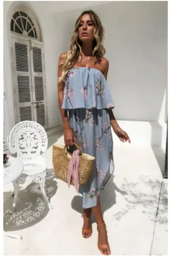 Для женщин леди с плеча Floral Ruffle Maxi платье летних вечеринок Пляжное свободные