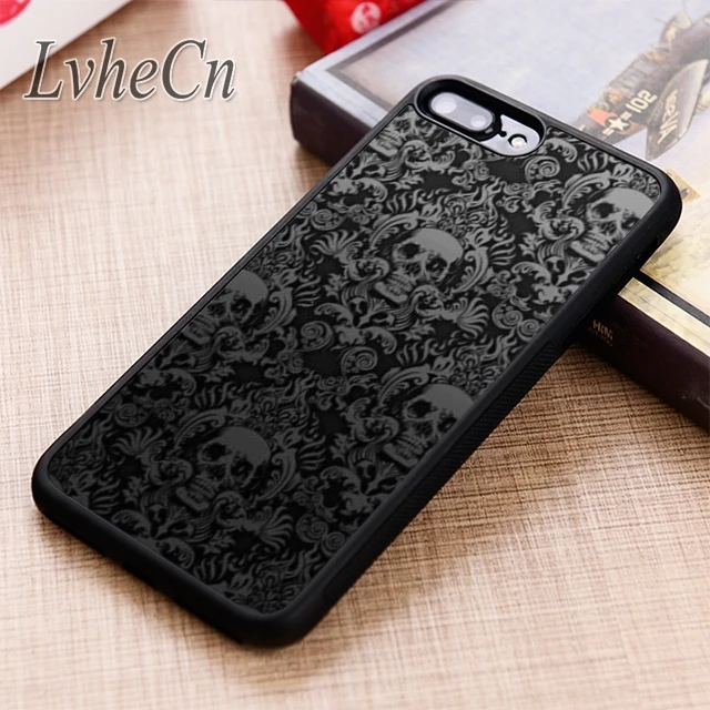 LvheCn Gothic Skull Alternative Scroll Pattern phone Case For iPhone 14 11 12 13 Pro XR XS MAX 6 7 8 Plus Samsung S21 S22