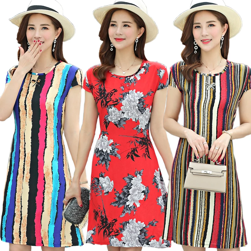 Женское длинное платье с принтом повседневное Хлопковое круглым вырезом и коротким рукавом свободное до