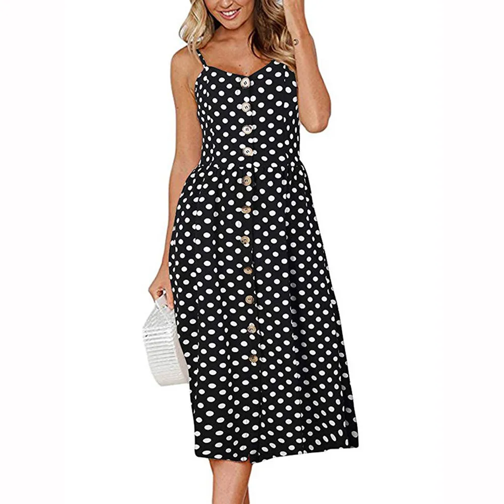 Fashion Womens Polka Dot Print Backless Sundress Button Chiffon Camis Long DressPolka Printed Sling Buttoned Open Back Dress | Женская