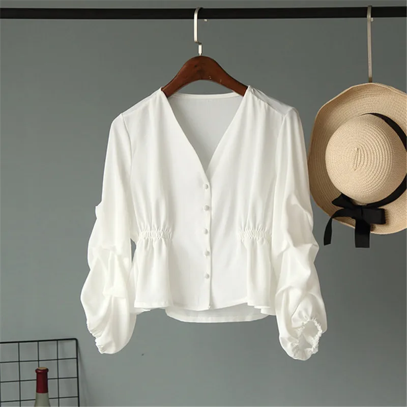 2019 сезон весна лето Мода v образным вырезом с рюшами из шифона объемным рукавом