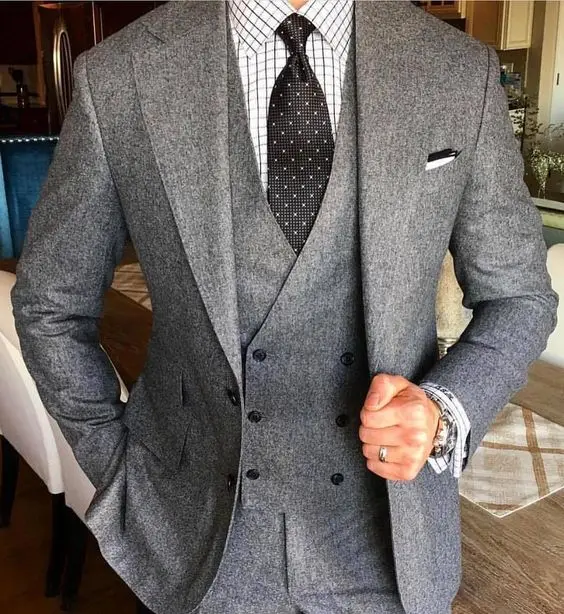 

2018 Tailor-Made Smoking Grey Tweed Men Suit Slim Fit 3 Piece Groom Tuxedo Custom Blazer Prom Wedding Suits Terno Masculino 07