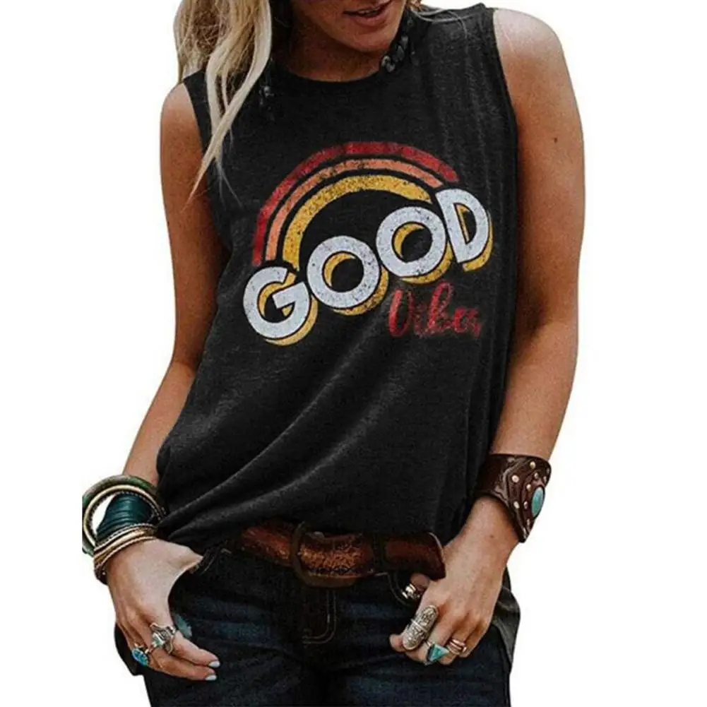 Женские майки с радужным принтом Good Vibes повседневные офисные топы круглым