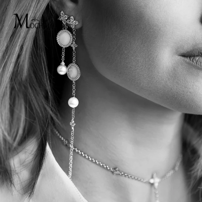 Длинные жемчужные серьги с четырехлистным клевером сверкающие циркониевые