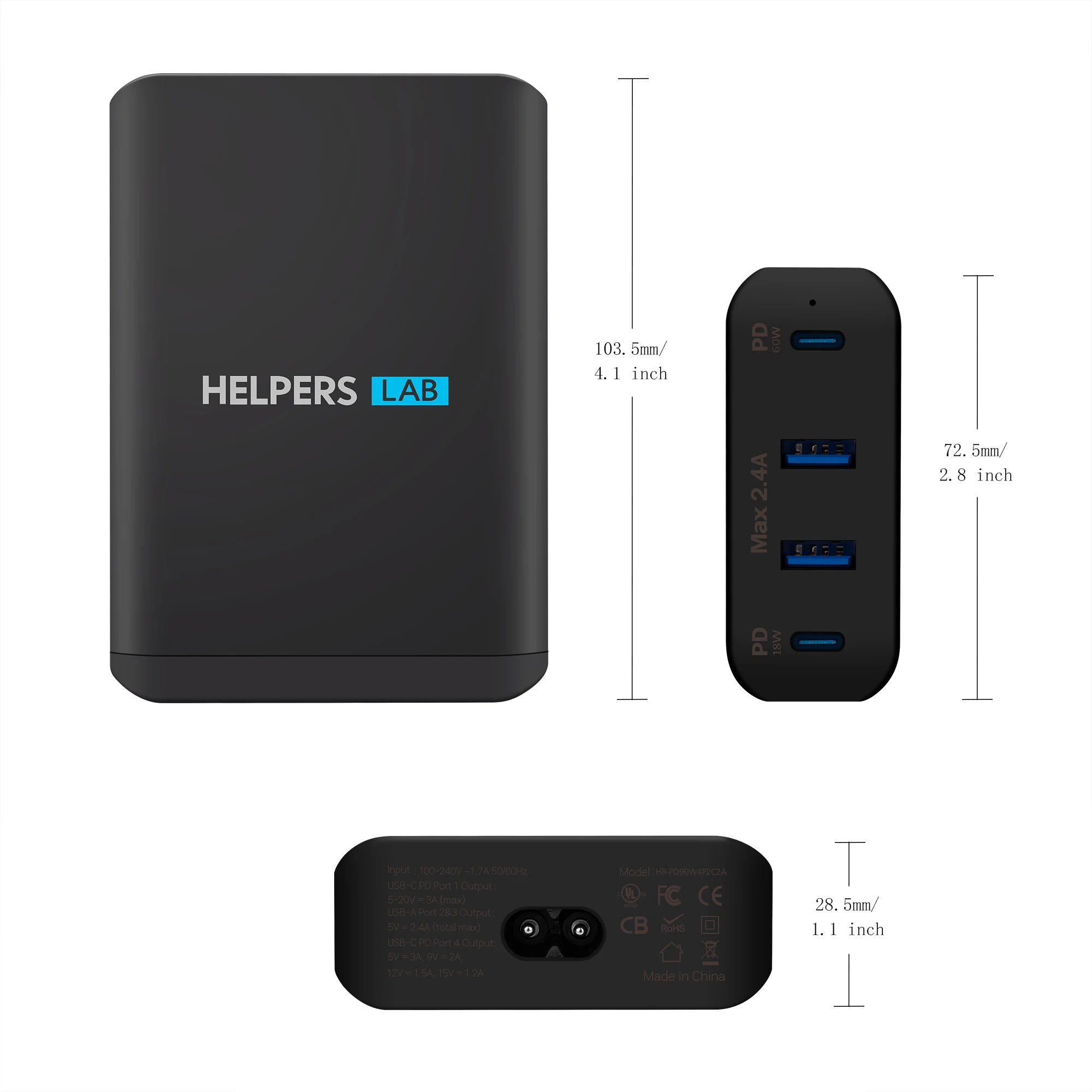 Двойной USB-C порт 60 Вт и 18 Вт и двойной 5 в 2,4 А USB порт, для многих телефонов type-c и ноутбуков, таких как iPhone Macbook и т. Д