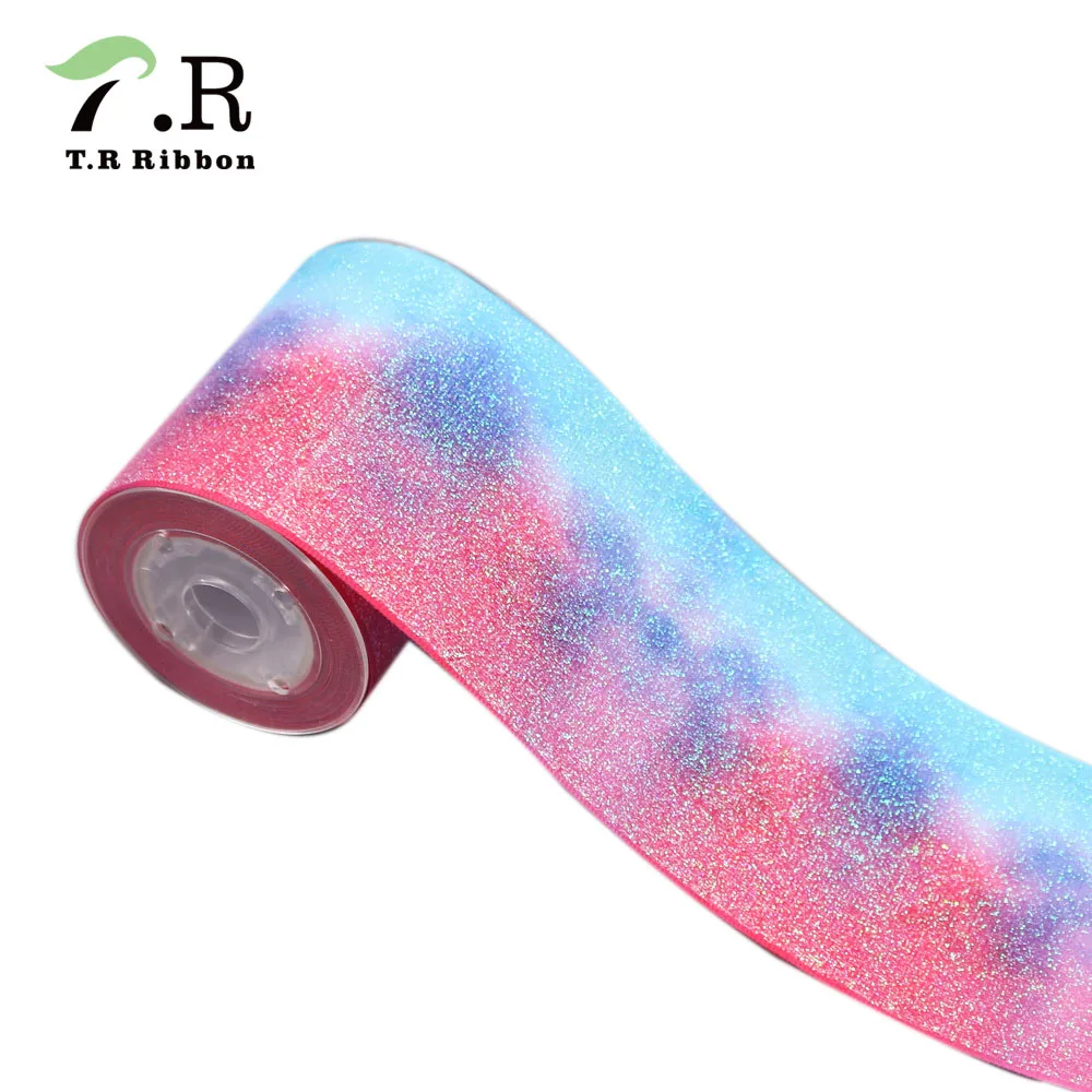 

3" 75mm Glitter Heat Transfer Gradual Galaxy Grosgrain Ribbon For Hair Bow Clip Gift Wrapping 10Yards