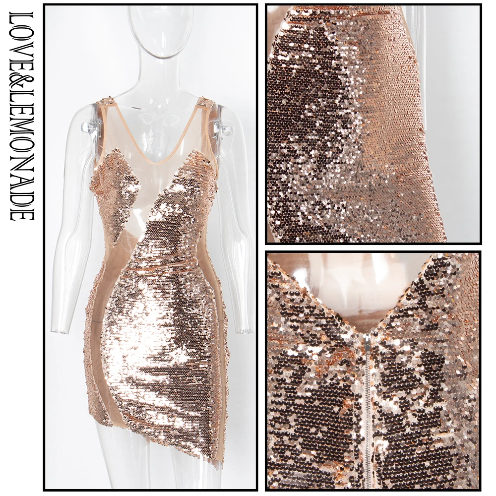 Женское Сетчатое платье LOVE & LEMONADE розовое с блестками и прострочкой сзади модель